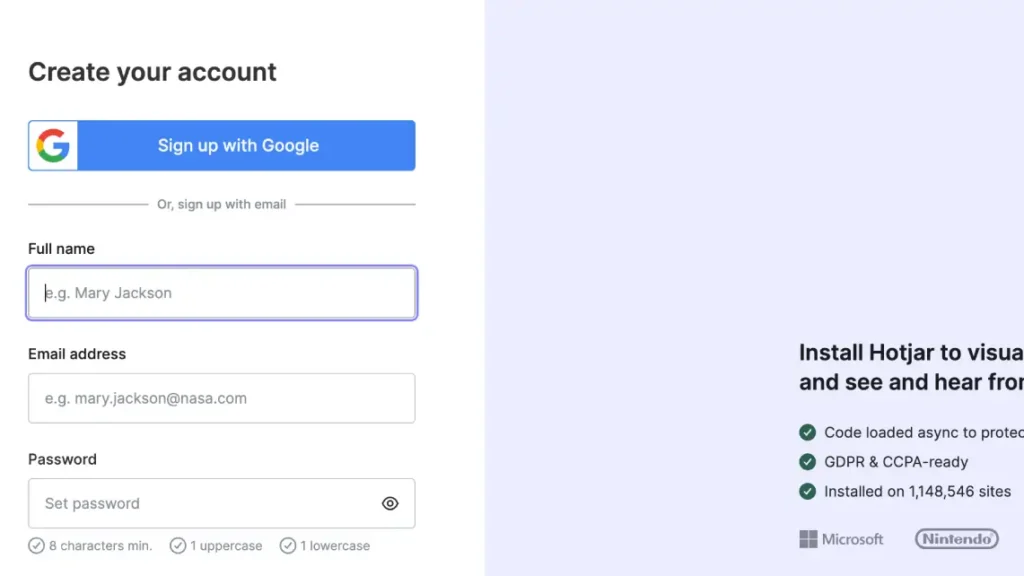 hotjar sign with google