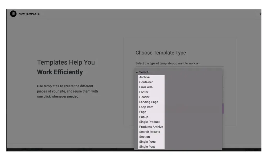 all elementor template types